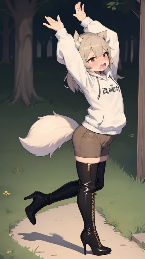 background:ground,Sex,Drooling,Wolf,Shota,Constraints拷問,sexual torture,Tickle torture,Wagging tail,Coat of blue,hoodie,Moe sleeves,Brown trousers,Knee-high boots,Stiletto heels,stretching arms upwards,Constraints、blush