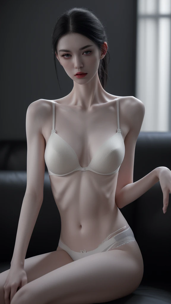 a very thin woman with visible bones, pale white skin, sweaty body, sitting on a sofa wearing panties and bra, full body view, tatto, (best quality,4k,8k,highres,masterpiece:1.2),ultra-detailed,(realistic,photorealistic,photo-realistic:1.37),HDR,UHD,studio...