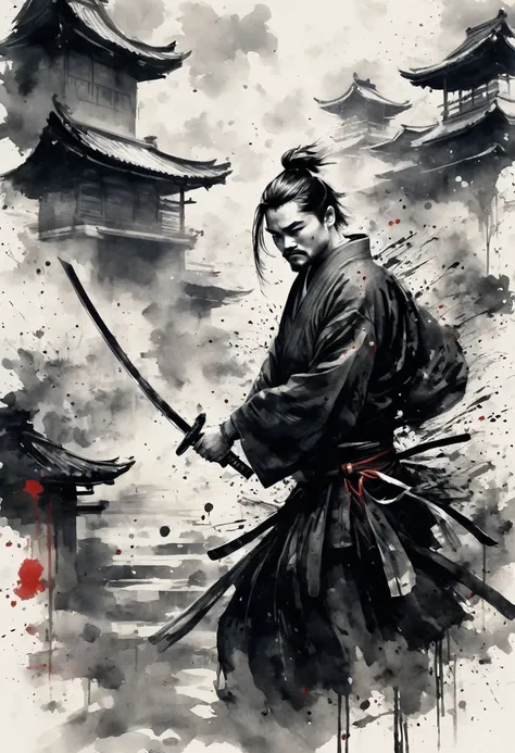 ink painting,１color,whole body,smile,leonardo dicaprio,medium hair,samurai,black kimono,(haori),(intense sword fighting scene wi...