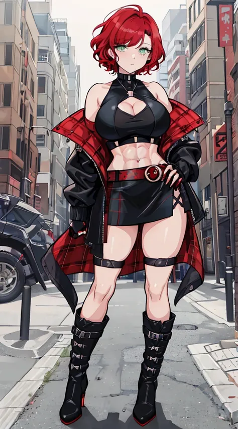 1girl, curly red pixie cut hair, green eyes, wearing crop top black shirt, red plaid skirt, (black knee high boots), black fingerless gloves, jacket, exposed shoulders, thick thighs, (full body), large breasts, freckles, cleavage, abs, absurdres, high res,...