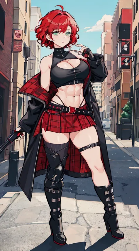 1girl, curly red pixie cut hair, green eyes, wearing crop top black shirt, red plaid skirt, (black knee high boots), black fingerless gloves, jacket, exposed shoulders, thick thighs, (full body), large breasts, freckles, cleavage, abs, absurdres, high res,...