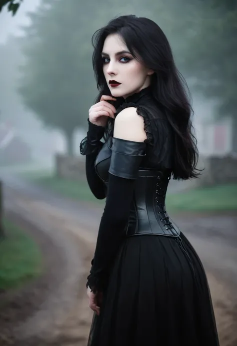 Victorian Vampire cherrynobodysd15 Award-winning RAW color photo+ Wearing a black dress with leather corset, Dark and foggy village, Night ominous dark omen, mist, moonlight, Vivid and charming eyes, Pale skin, (Black Hair)+, Shallow depth of field, High c...