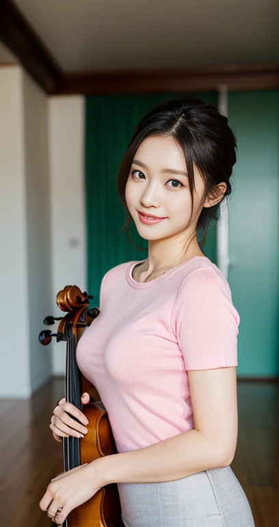 (a gorgeous korean lady, age 28, posing with a violin, wearing a white thin tight knit shirt & pink pleated pencil skirt, in a c...