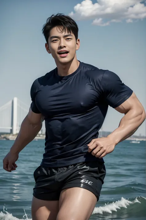 (Create a masterpiece: 1.2),(CGI art:1.3),(realistic:1.5),(After processing:1.3), (Sharp focus:1.3), 1 man, open mouth, smile, (Navy blue round neck shirt), shorts, Korean guy , korean men, (High gloss details), chest muscles, large arm muscles, blood vess...