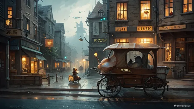 Stunning image of a cute, adorable snail delivering mail. The scene is moody, grainy, and noisy, inspired by detailed fantasy art and digital illustration. 