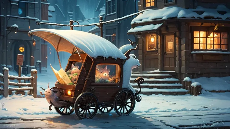 Stunning image of a cute, adorable snail delivering mail. The scene is moody, grainy, and noisy, inspired by detailed fantasy art and digital illustration. 