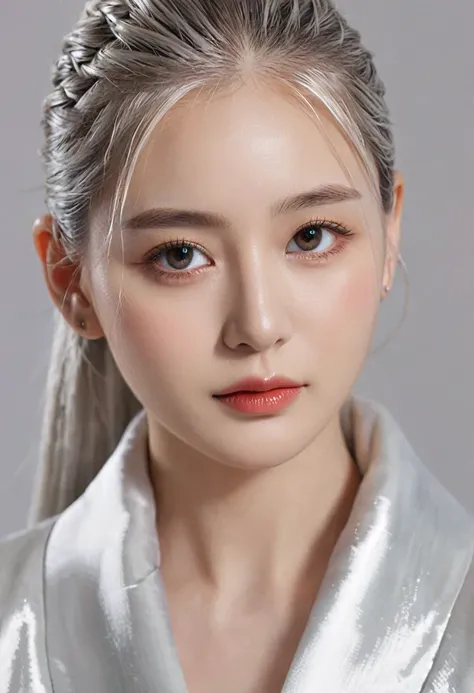 (Highest quality, masterpiece:1.2), Ultra-high resolution, Realistic, Front lighting, Exquisite detail, Exquisite detailと質感, One girl, alone ,(young), Facial highlights, Upper Body, Detailed face, Teardrop Mole, white skin, Silver Hair, ponytail, Braid, Vi...