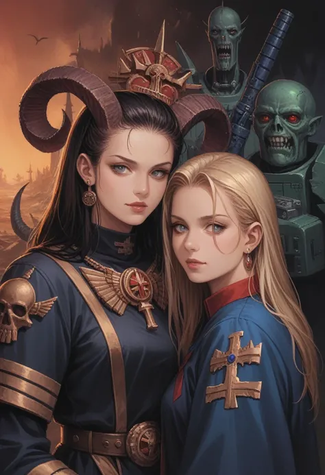 ((masterpiece)), Ultra-realistic, warhammer 40000 battle, sisters of battle vs demons , 