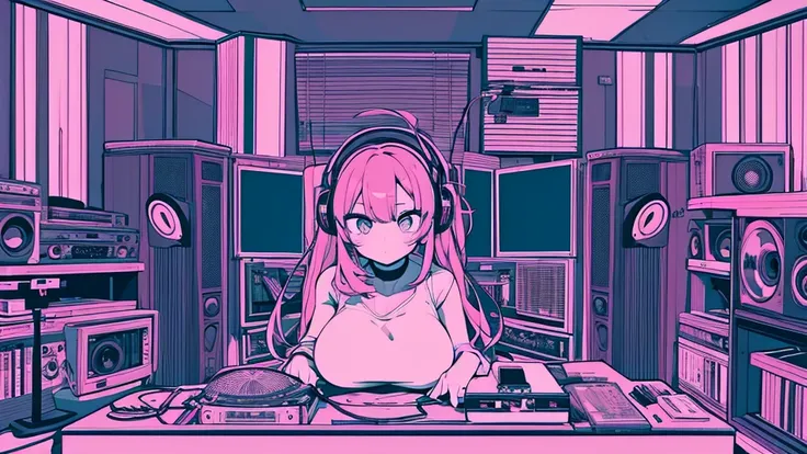 Best quality, (masterpiece), best detail face,1 girl, big breasts, 18 yo, 8k,absurdres,unity 8k wall paper,(extremely detailed:1.3), highest realistic, (retro headphones:), (soft neon light:), (psychedelic), Her room full of music equipment and records, sp...