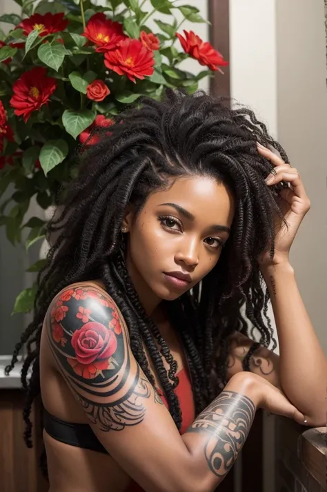 Black curly hair roots growing out with red tips, afro-descendant woman with skull and flowers tattoo on her arm 