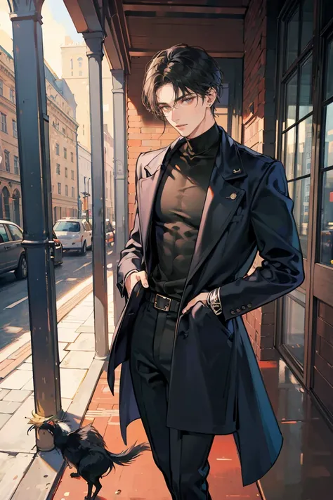 (masterpiece), best quality, seductive eyes, perfect face, handsome man, brown eyes, long middle part black hair, long nose, tan brown skin, plain black turtleneck, black coat, black fitted pants, extremely tall man, long legs, long calves, full body, tall...