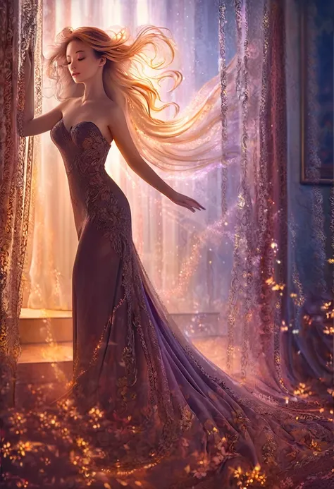 A captivating portrait photograph of an elegant woman with long, cascading hair, gracefully posed behind lace drapes that exude a dreamy, ethereal ambiance. The woman is adorned in a form-fitting, shimmering gown, emanating an aura of enchantment. Delicate...