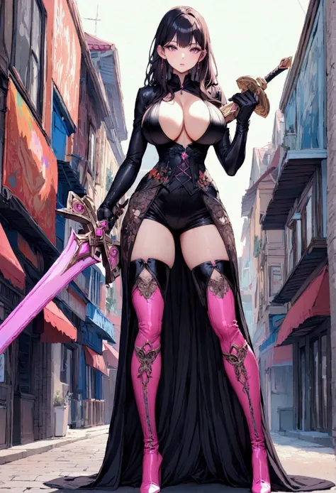 perfect and beautiful face, beautiful girl in  black and pink pointed toe stiletto knee high boots, standing on street with sword in her hands ,, leatgher gloves on, big breasts and buts