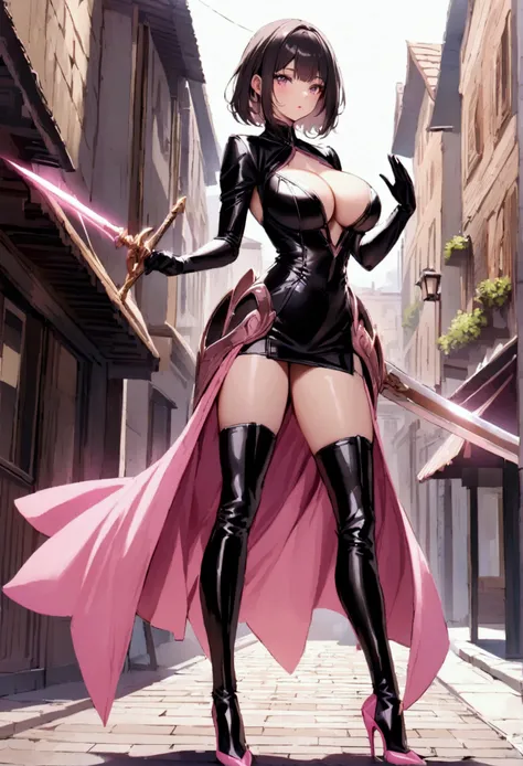 perfect and beautiful face, beautiful girl in  black and pink pointed toe stiletto knee high boots, standing on street with sword in her hands ,, leatgher gloves on, big breasts and buts