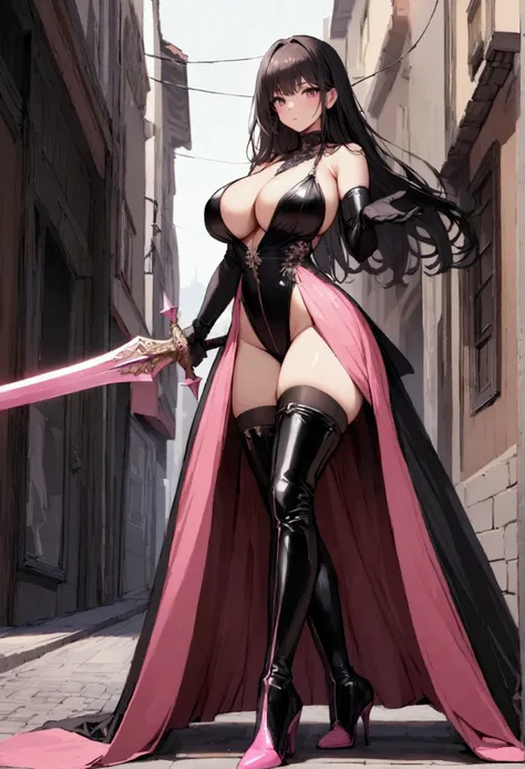 perfect and beautiful face, beautiful girl in  black and pink pointed toe stiletto knee high boots, standing on street with sword in her hands ,, leatgher gloves on, big breasts and buts