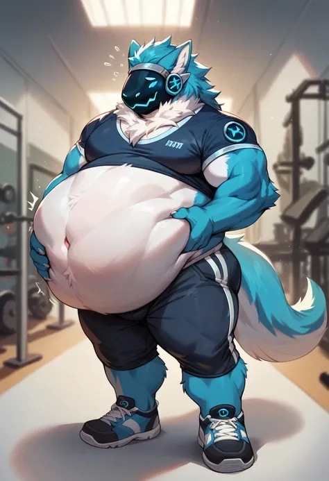 muscular blue male Protogen wearing gym clothing, has white fur, has blue mechnical parts, has dark blue eyes, fat, overweight, massive belly, vore, large massive stomach