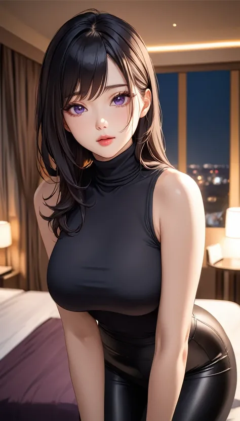 masterpiece, high resolution, beautiful woman, Korean Beauty, 30 years old, black sleeve less turtle neck, tight pants, beautiful woman, night hotel, looking at me, (high resolution face), (high resolution eyes), (high quality eyes), black hair, purple eye...