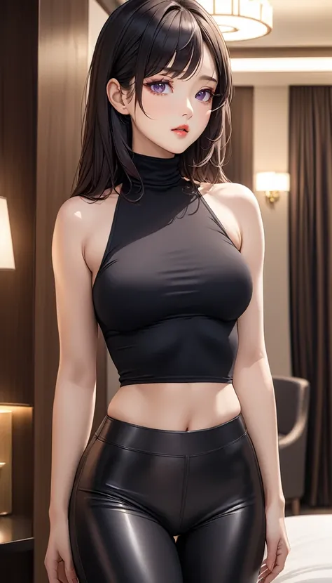 masterpiece, high resolution, beautiful woman, Korean Beauty, 30 years old, black sleeve less turtle neck, tight pants, beautiful woman, night hotel, looking at me, (high resolution face), (high resolution eyes), (high quality eyes), black hair, purple eye...