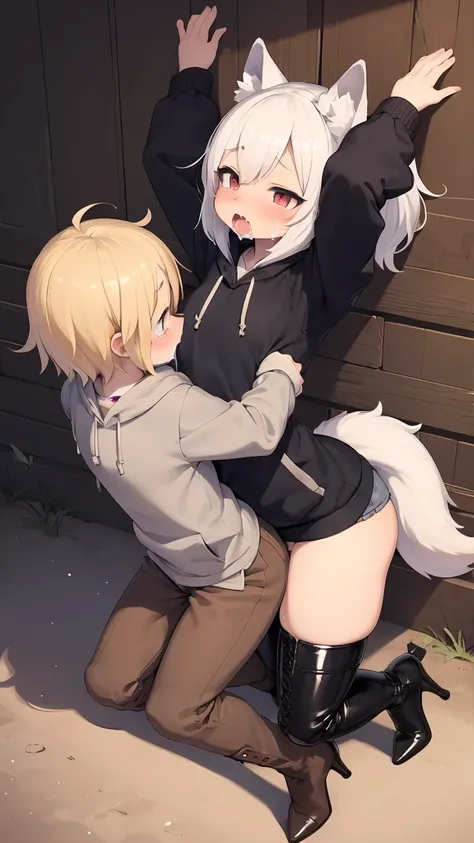 background:ground,Stretch your arms up and tie them with a rope,Mating sex,Drooling,Wolf,Shota,Constraints拷問,sexual torture,Wagging tail,Coat of blue,hoodie,Moe sleeves,Brown trousers,Knee-high boots,Stiletto heels,Constraints、blush