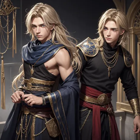 Create me a 17 year old male teenager,  slightly messy blonde hair with some visible gray strands , golden eyes, a necklace with a blue stone and some details,  a black medieval outfit and some bracelet of many colors , a red cloth wrapped around the waist...