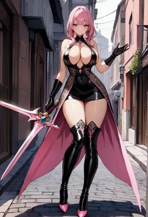 perfect and beautiful face, beautiful girl in  black and pink pointed toe stiletto knee high boots, standing on street with sword in her hands ,, leatgher gloves on, big breasts and buts