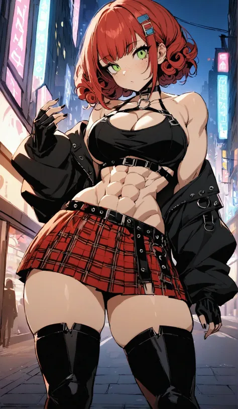 woman, curly red pixie cut hair, green eyes, wearing crop top black shirt, long black jacket, red plaid skirt, (black knee high boots), black fingerless gloves, exposed shoulders, large breasts, thick thighs, freckles, cleavage, abs, looking at viewer, mas...