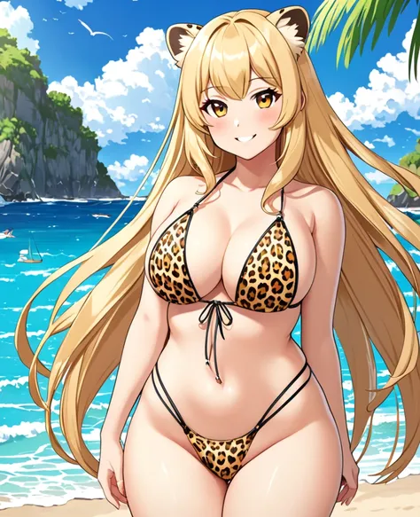 15yo girl, blonde hair, hime cut, long hair, string slingshot swimsuit, leopard pattern, J cup breast, thicc thigh, hourglass figure, beach scene, clear view, innocent smile