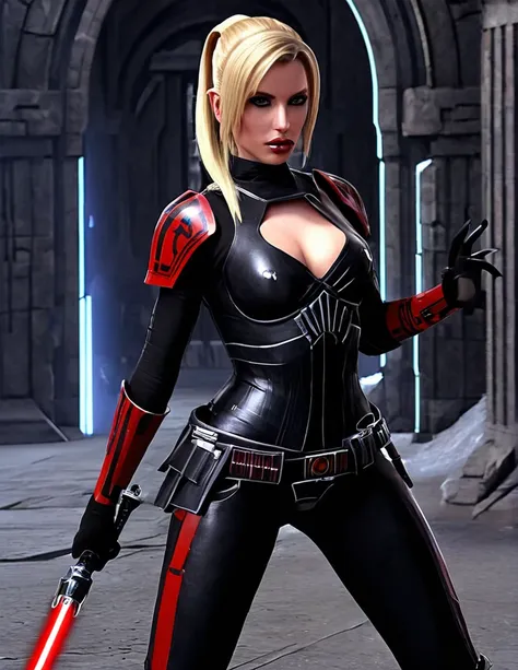 Une femme  blonde seule,  sensuelle, en seigneur sith, inspiré de star Wars old republic, en armure moulante noir, marche dans des ruines dun temple sith de koriban sombre, sabre laser rouge en main, a un regard fort, un visage sadique et ensorcelante, dém...