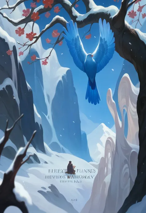 a close up of a boy sitting under a tree with a bird,snow mountain, plum tree, official artwork, album cover, detailed artwork, winter, comprehensive artwork, album art, snow, beautiful day