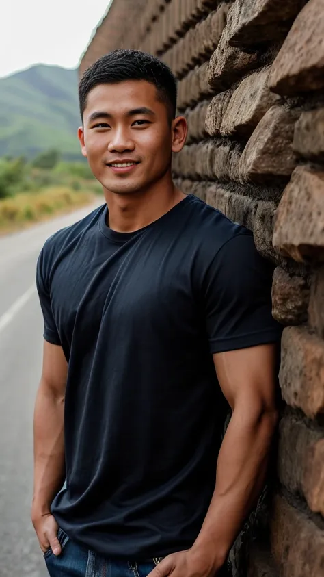 Thai man ,man，He is about 30 years old..，Rough and handsome appearance，large breastsj，Big waistline，buzz cut, angry, sullen, best quality, Masterpiece，（Have muscles：4.5），(best quality,high resolution,Masterpiece:1.2),The eyes are natural and delicate..,1 p...