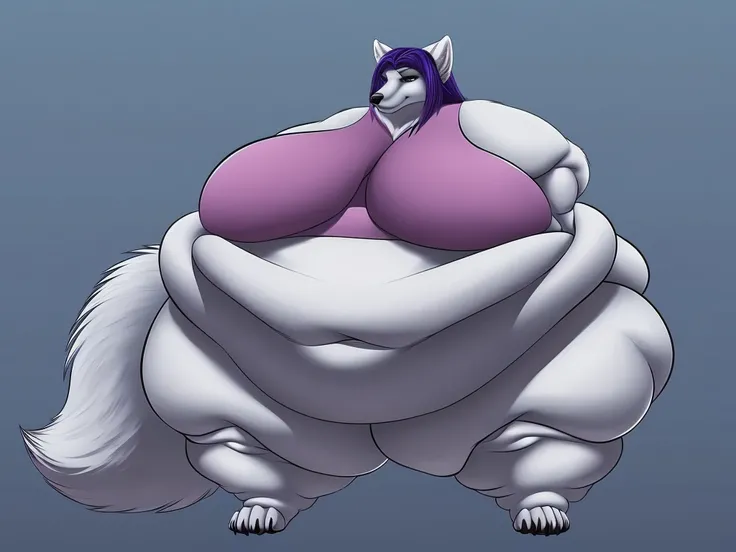 Arctic wolf, female, long messy hair, huge breasts, huge hips, huge thighs, plump, voluptuous, morbidly obese,nude, fat rolls, fat arms, fat legs, belly rolls, fat neck, big tail, standing, belly overhang, slobby, fat rolls saggy breasts,claws, simple back...