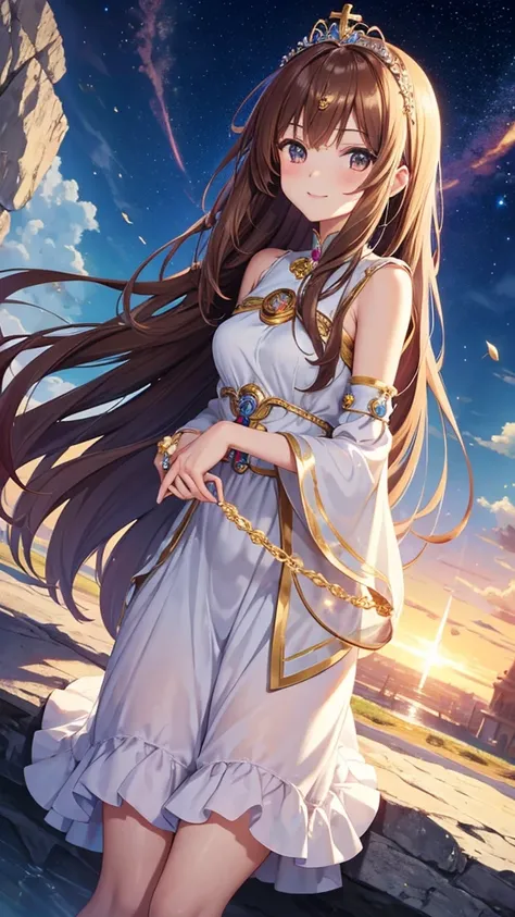 A girl with long brown hair, a goddess, anime style, a cute girl like an angel, a girl with a gentle smile, a fortune teller with a light in her hand, and a 14 year old surrounded by natural stones. Love fortune teller. A sparkling royal sky blue pearl dre...