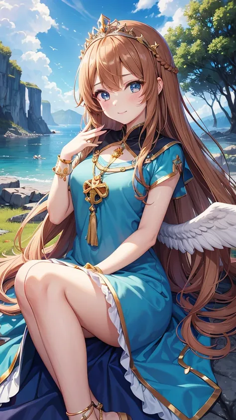 A girl with long brown hair, a goddess, anime style, a cute girl like an angel, a girl with a gentle smile, a fortune teller with a light in her hand, and a 14 year old surrounded by natural stones. Love fortune teller. A sparkling royal sky blue pearl dre...