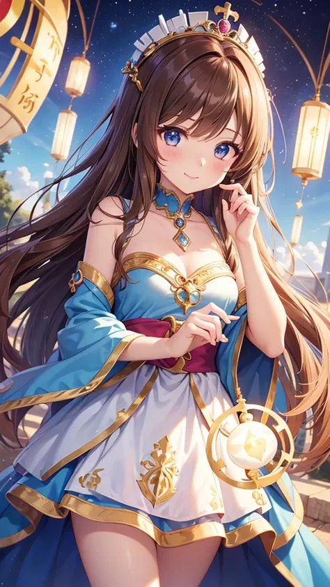 A girl with long brown hair, a goddess, anime style, a cute girl like an angel, a girl with a gentle smile, a fortune teller with a light in her hand, and a 14 year old surrounded by natural stones. Love fortune teller. A sparkling royal sky blue pearl dre...