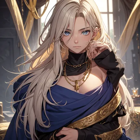 Create me a 17 year old male teenager,  slightly messy blonde hair with some visible gray strands , golden eyes, a necklace with a blue stone and some details,  a black medieval outfit and some bracelet of many colors , a red cloth wrapped around the waist...