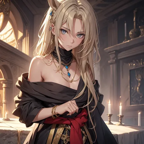 Create me a 17 year old male teenager,  slightly messy blonde hair with some visible gray strands , golden eyes, a necklace with a blue stone and some details,  a black medieval outfit and some bracelet of many colors , a red cloth wrapped around the waist...