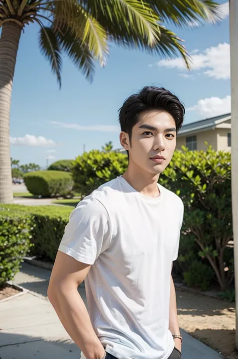 a young asian man stands, handsome, muscular, looking at the camera. in a plain white t-shirt , fieldside, grass, beach, sunligh...