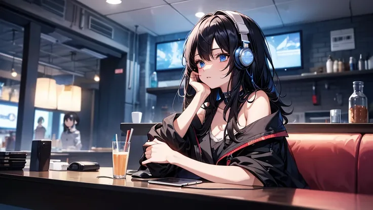 ((UHD, super detail, best quality, highres)),black hair, hair over shoulder, medium hair, blue eyes, (headphones), anime, anime style, Relaxing in a cafe at night.