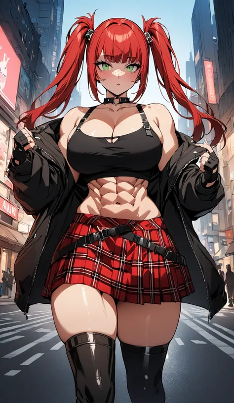 woman, red hair in pig tails, green eyes, wearing crop top black shirt, long black jacket, red plaid skirt, (black knee high boots), black fingerless gloves, exposed shoulders, large breasts, thick thighs, freckles, cleavage, abs, looking at viewer, master...