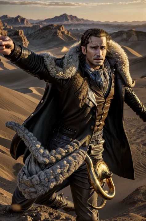 masterpiece, best quality, extremely detailed, hyperrealistic, photorealistic, a cool 40s man, ultra detailed face:1.2, fur-trimmed coat, scarf around the neck, his left hand is a golden pirate hook:1.1, desert, artistic jump, strenuous movements, dynamic ...