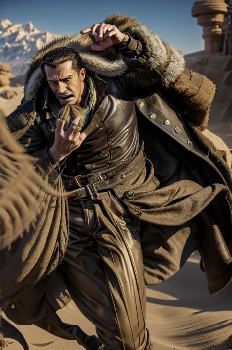 masterpiece, best quality, extremely detailed, hyperrealistic, photorealistic, a cool 40s man, ultra detailed face:1.2, fur-trimmed coat, scarf around the neck, his left hand is a golden pirate hook:1.1, desert, artistic jump, strenuous movements, dynamic ...