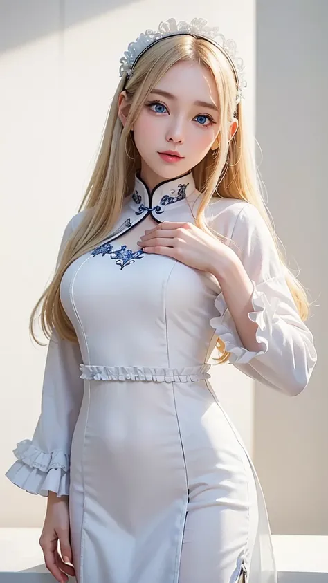 (((White background、White Blonde、forehead、White background、China dress、Ao Dai、Decoration、Frills、race、Cowboy Shot、22-year-old woman、Mature Woman、Mature face))), bright, Refreshing and gentle look, Perfect beautiful face、White Blondeのロングヘア，Beautiful and shin...