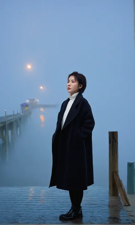 Korean woman,Short hair, black coat, cool,rain,blur,Fog,middle,cool,boring,,pier,only,Coast, The dim light shines in the Fog,and the figure stands in the Fog holding , 짙은 Fog 속에 멀리 등대가 희미하게 보인다