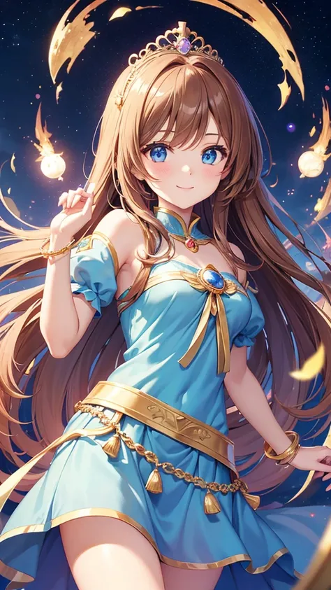 A girl with long brown hair, a goddess, anime style, a cute girl like an angel, a girl with a gentle smile, a fortune teller with a light in her hand, and a 14 year old surrounded by natural stones. Love fortune teller. A sparkling royal sky blue pearl dre...