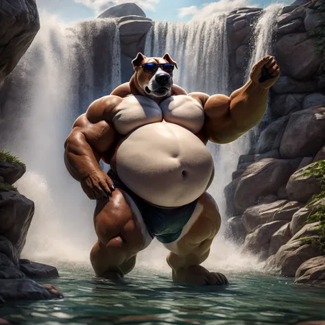 Fat Huge K9 Unit pitbull Bigger belly and large body and his biggest chunky body and wearing Sunglasses at the waterfall 