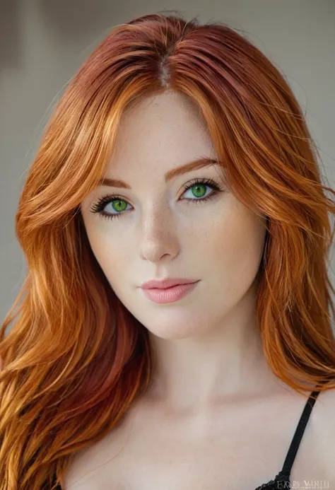 there is a woman with red hair and a black bra top, she has long redorange hair, red hair and attractive features, better known as amouranth, she has red hair, she is redhead, with red hair, erza scarlet as a real person, red haired goddess, with red hair ...