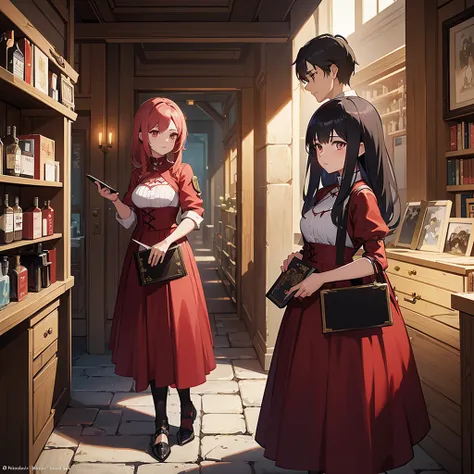 a woman in a red dress holding a book and a glass, alchemist girl, official character art, cushart krenz arte chave feminino, female protagonist 👀 :8, dos arknights, cyborg merchant girl, by Akihiko Yoshida, she is in the potions workshop, I&#39;m going to...