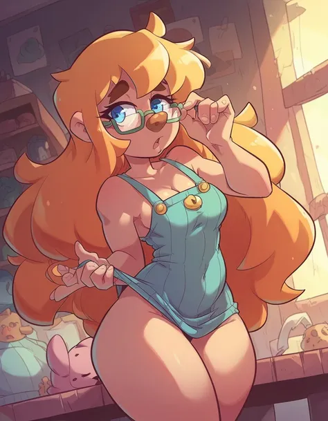 Ralph Bakshi Style, curvy big nose long haired dirtyblonde small breasts spotty girl with blue eyes and glasses