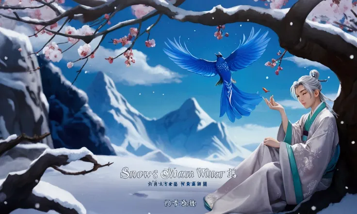 a close up of a boy with hanfu cloth sitting under a tree with a bird,snow mountain, plum tree, official artwork, album cover, detailed artwork, winter, comprehensive artwork, album art, snow, beautiful day