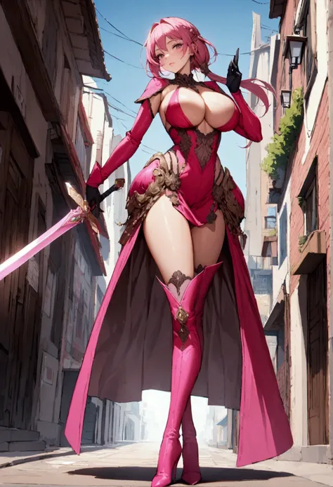 perfect and beautiful face, beautiful girl in  hot pink pointed toe stiletto knee high boots, standing on street with sword in her hands ,, leatgher gloves on, big breasts and buts